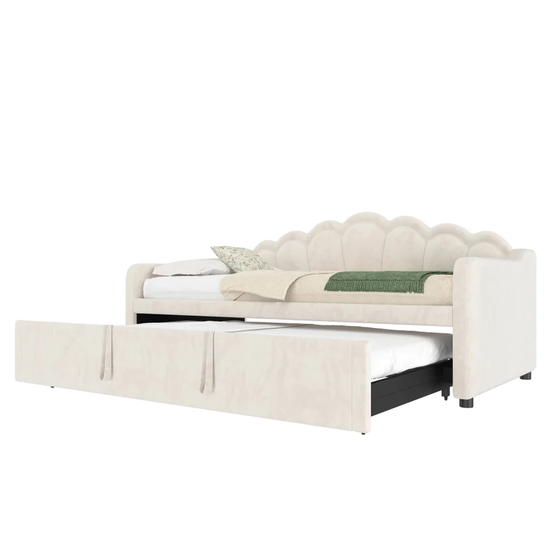 Letto singolo con letto estraibile 90x200 cm; divano letto in velluto beige con LED multicolore; trasformabile in matrimoniale 180x200 cm