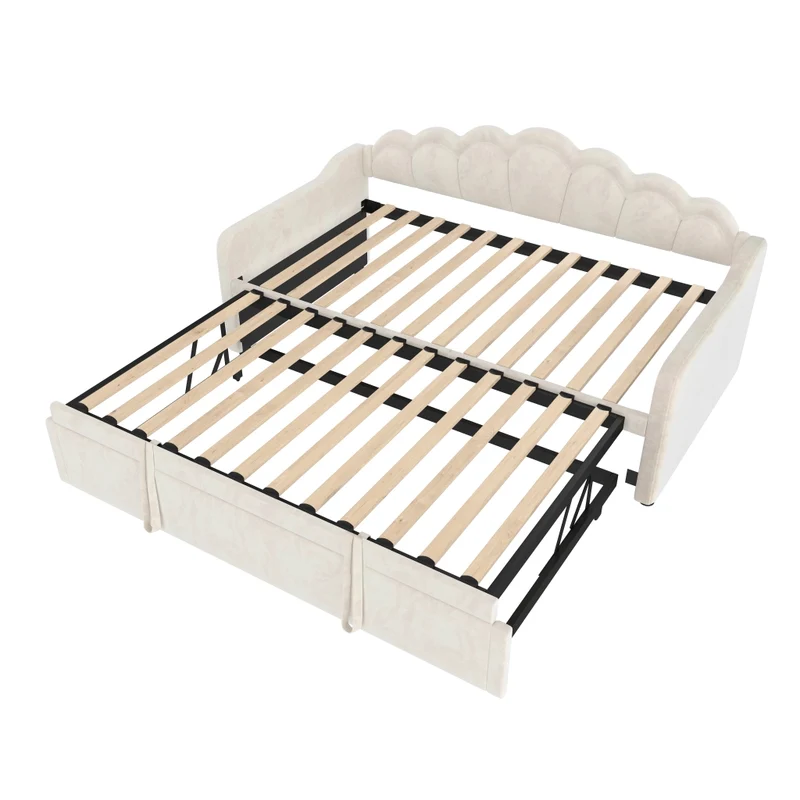 Letto singolo con letto estraibile 90x200 cm; divano letto in velluto beige con LED multicolore; trasformabile in matrimoniale 180x200 cm