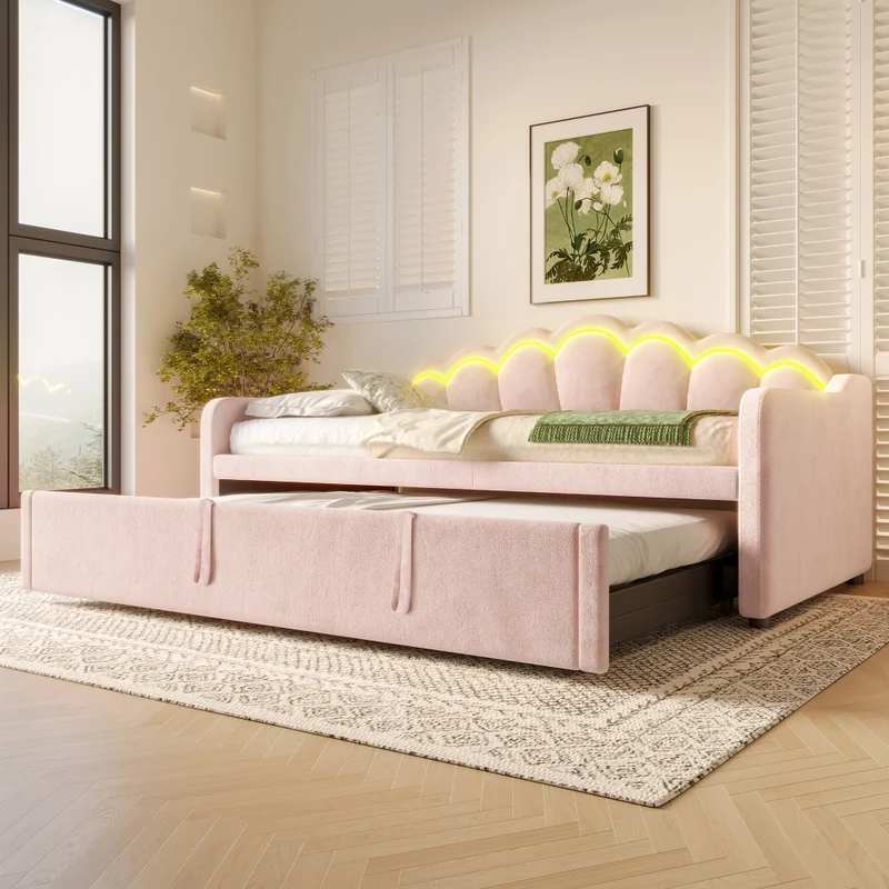 Letto estraibile in velluto 90x200 cm con secondo letto; LED colorati e testiera ondulata; rosa
