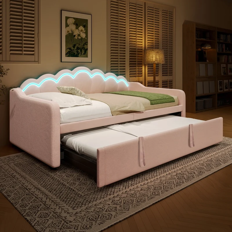Letto estraibile in velluto 90x200 cm con secondo letto; LED colorati e testiera ondulata; rosa