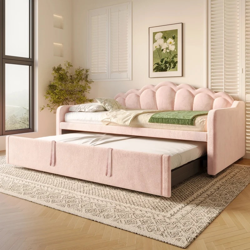 Letto estraibile in velluto 90x200 cm con secondo letto; LED colorati e testiera ondulata; rosa