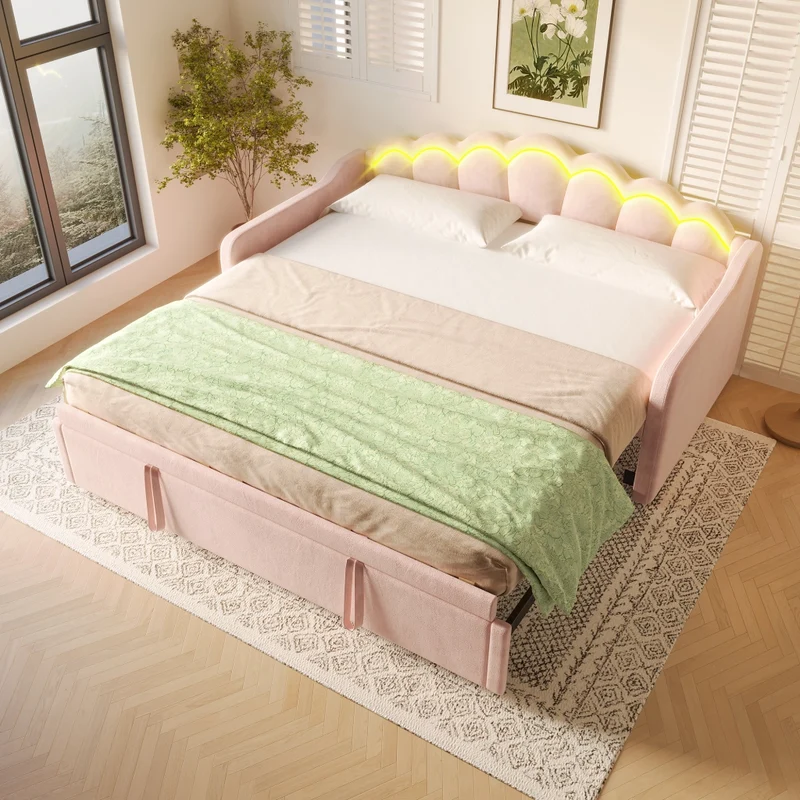 Letto estraibile in velluto 90x200 cm con secondo letto; LED colorati e testiera ondulata; rosa