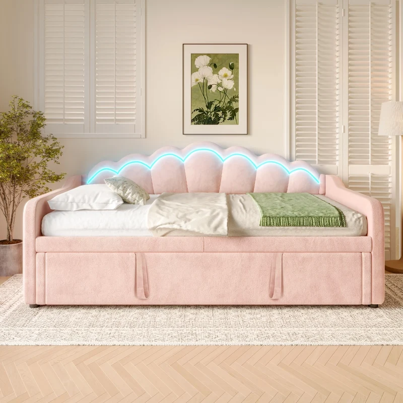 Letto estraibile in velluto 90x200 cm con secondo letto; LED colorati e testiera ondulata; rosa