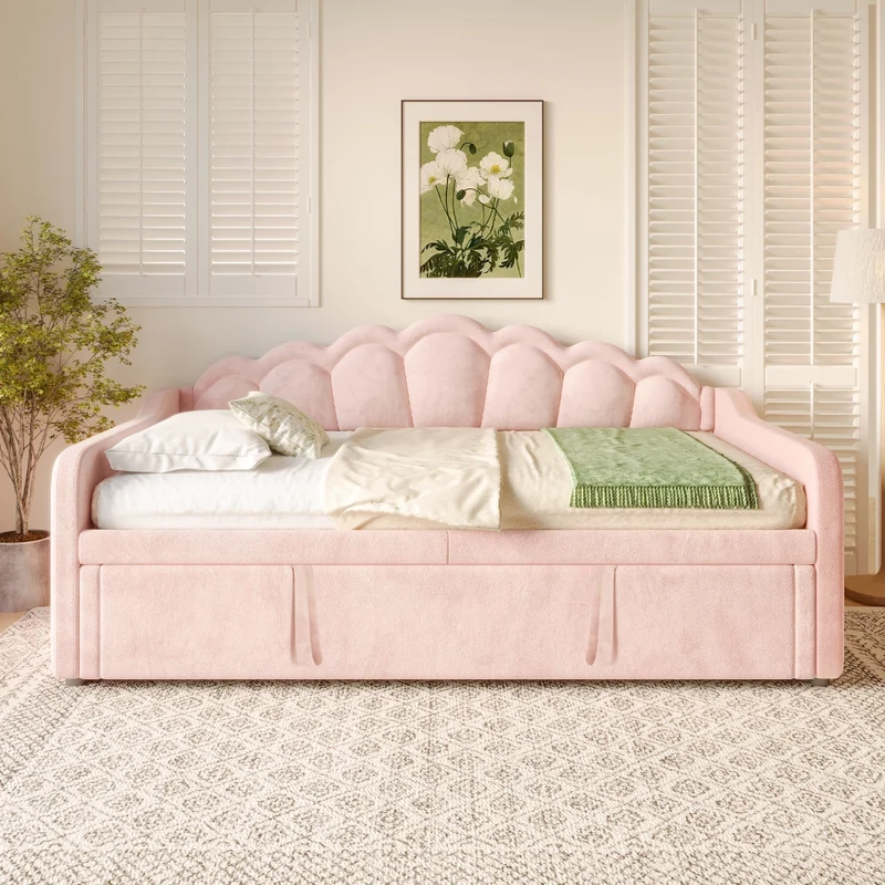 Letto estraibile in velluto 90x200 cm con secondo letto; LED colorati e testiera ondulata; rosa