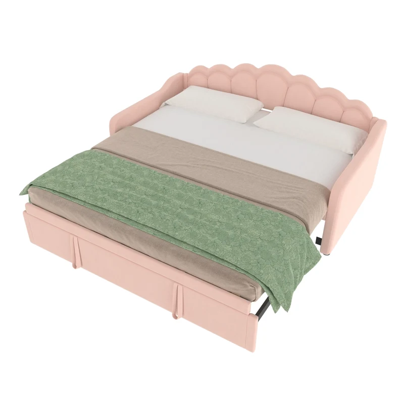 Letto estraibile in velluto 90x200 cm con secondo letto; LED colorati e testiera ondulata; rosa