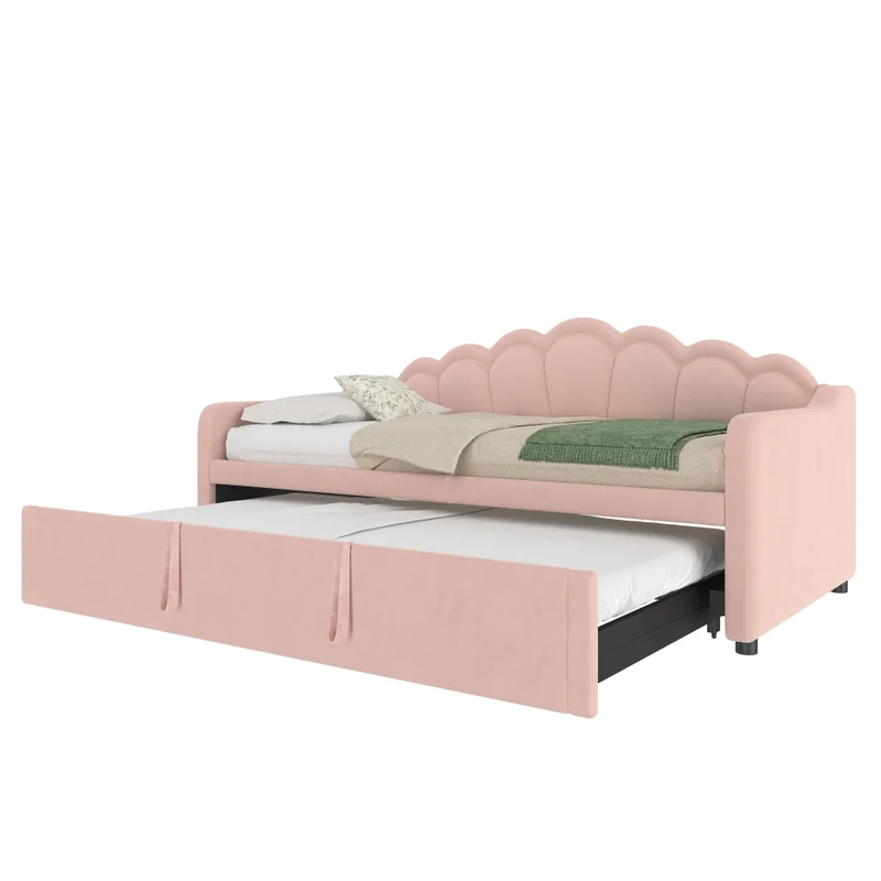 Letto estraibile in velluto 90x200 cm con secondo letto; LED colorati e testiera ondulata; rosa