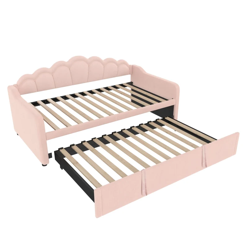 Letto estraibile in velluto 90x200 cm con secondo letto; LED colorati e testiera ondulata; rosa