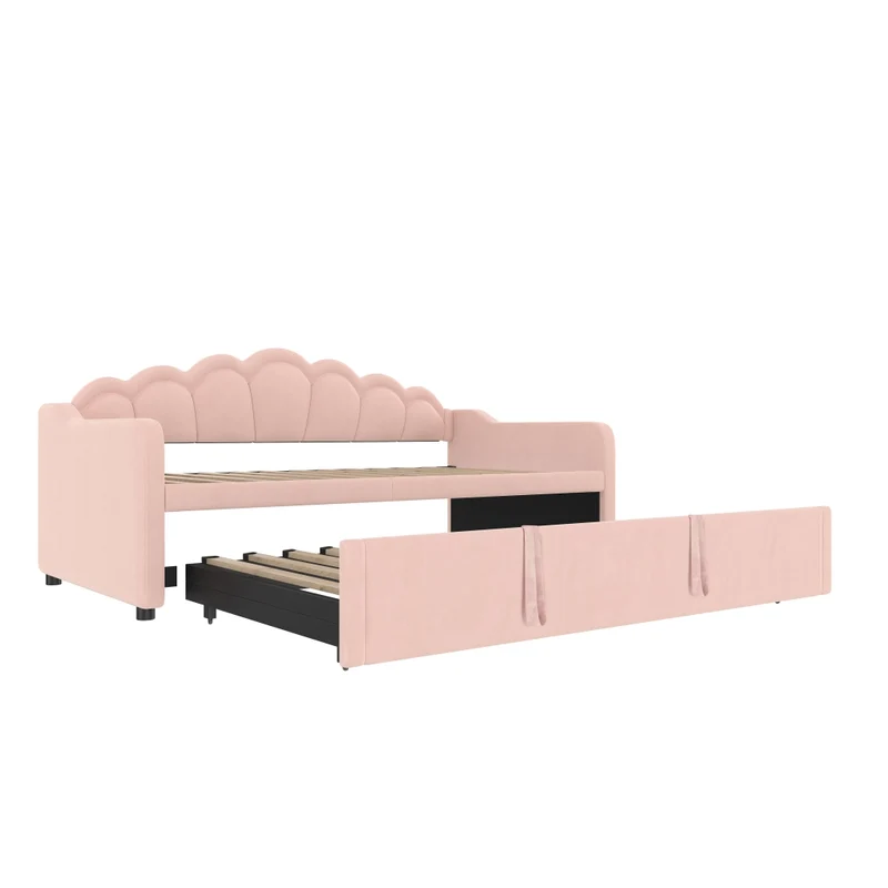 Letto estraibile in velluto 90x200 cm con secondo letto; LED colorati e testiera ondulata; rosa