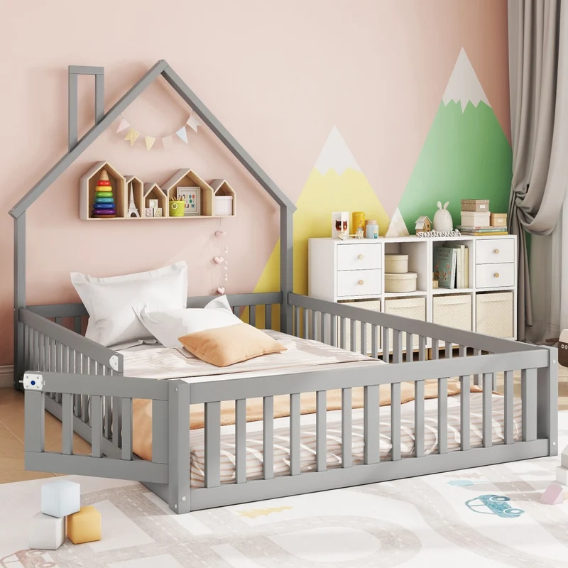 Letto per bambini 140x190 cm a forma di camino con rete a doghe; legno di pino e MDF; grigio