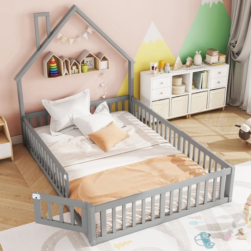 Letto per bambini 140x190 cm a forma di camino con rete a doghe; legno di pino e MDF; grigio
