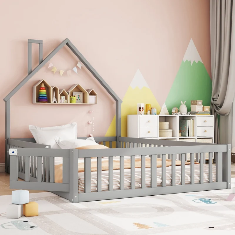 Letto per bambini 140x190 cm a forma di camino con rete a doghe; legno di pino e MDF; grigio