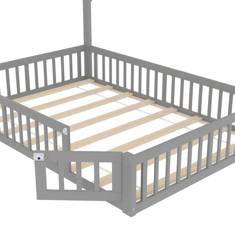 Letto per bambini 140x190 cm a forma di camino con rete a doghe; legno di pino e MDF; grigio