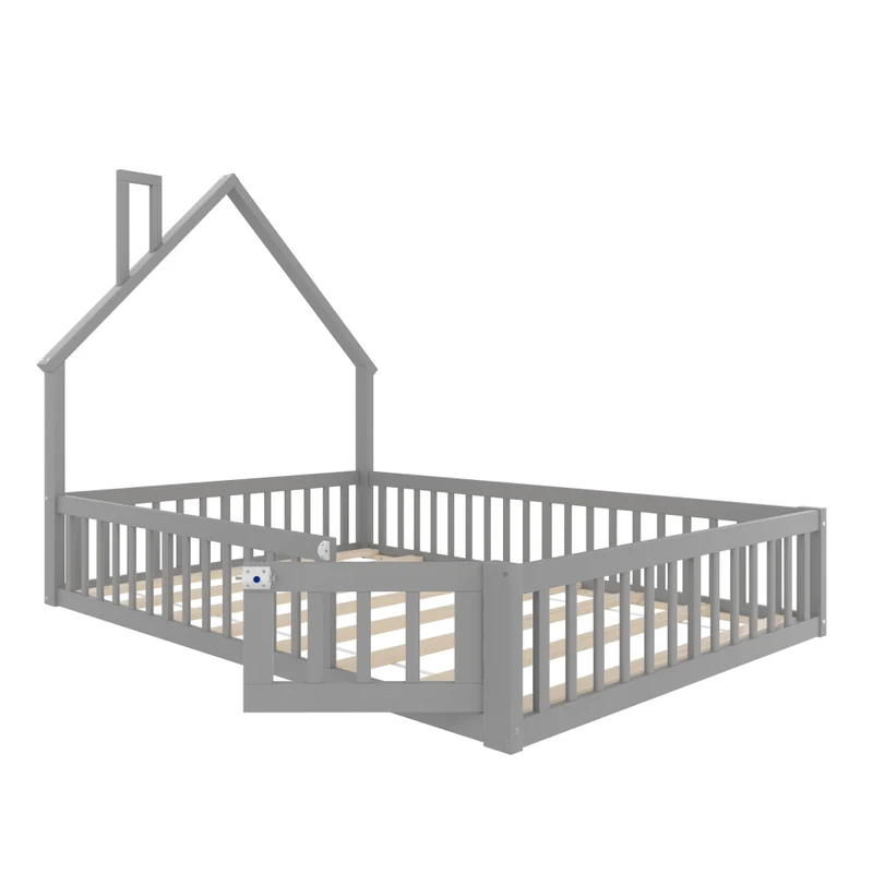 Letto per bambini 140x190 cm a forma di camino con rete a doghe; legno di pino e MDF; grigio