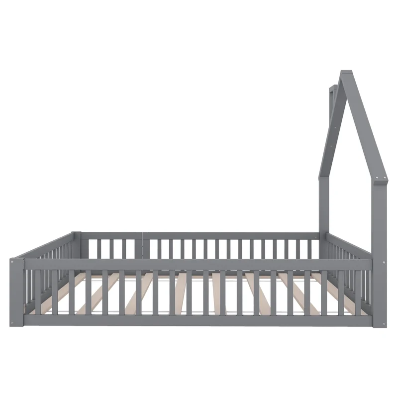 Letto per bambini 140x190 cm a forma di camino con rete a doghe; legno di pino e MDF; grigio