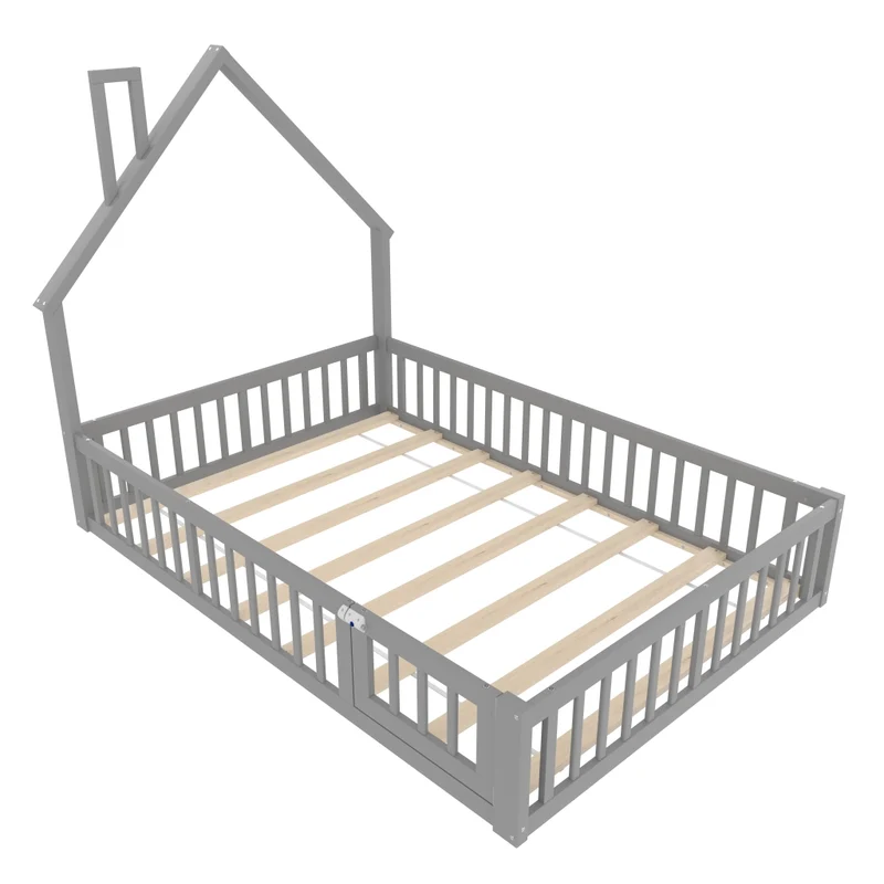 Letto per bambini 140x190 cm a forma di camino con rete a doghe; legno di pino e MDF; grigio