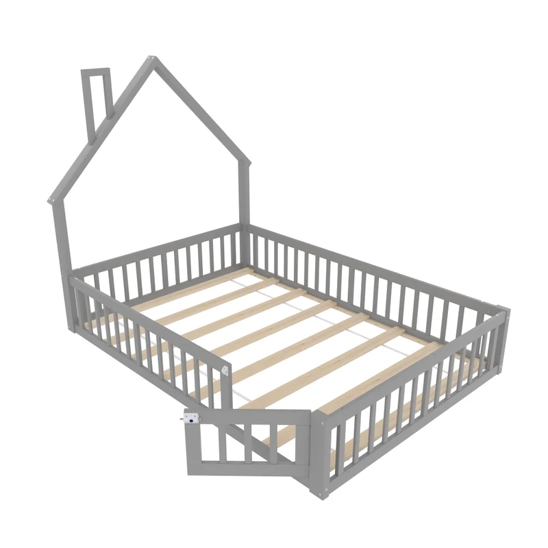 Letto per bambini 140x190 cm a forma di camino con rete a doghe; legno di pino e MDF; grigio