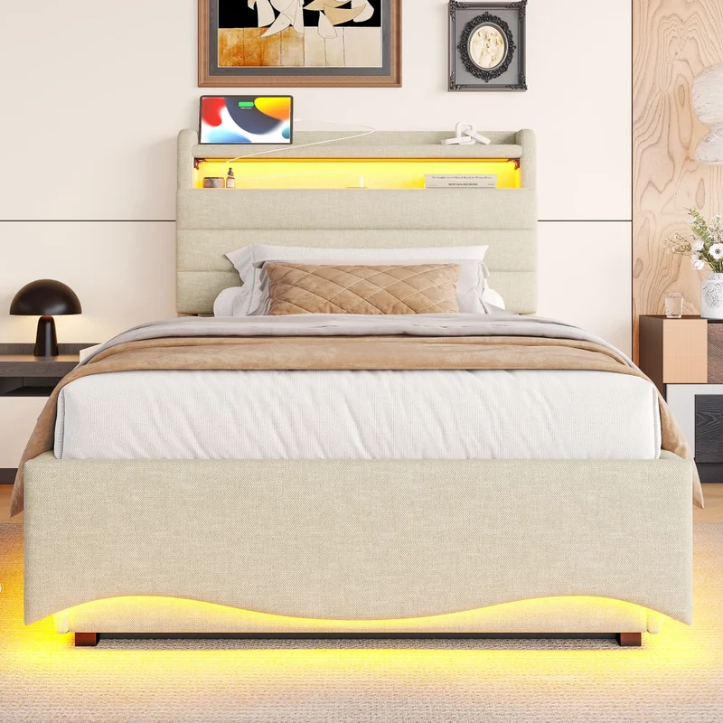 Letto imbottito 90x200 cm con contenitore idraulico; LED e prese USB/Tipo C; lino beige