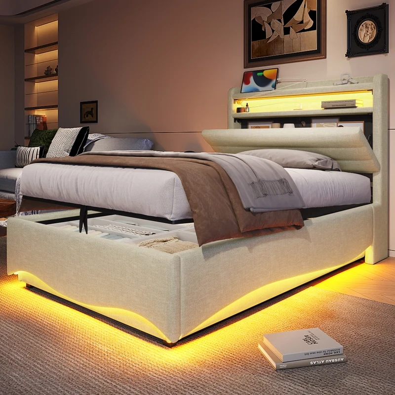 Letto imbottito 90x200 cm con contenitore idraulico; LED e prese USB/Tipo C; lino beige
