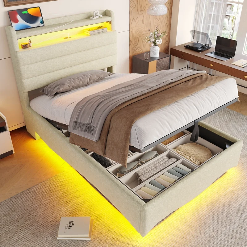 Letto imbottito 90x200 cm con contenitore idraulico; LED e prese USB/Tipo C; lino beige
