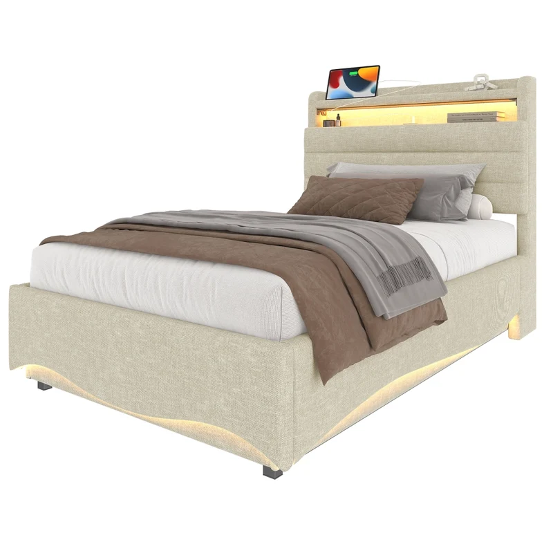 Letto imbottito 90x200 cm con contenitore idraulico; LED e prese USB/Tipo C; lino beige