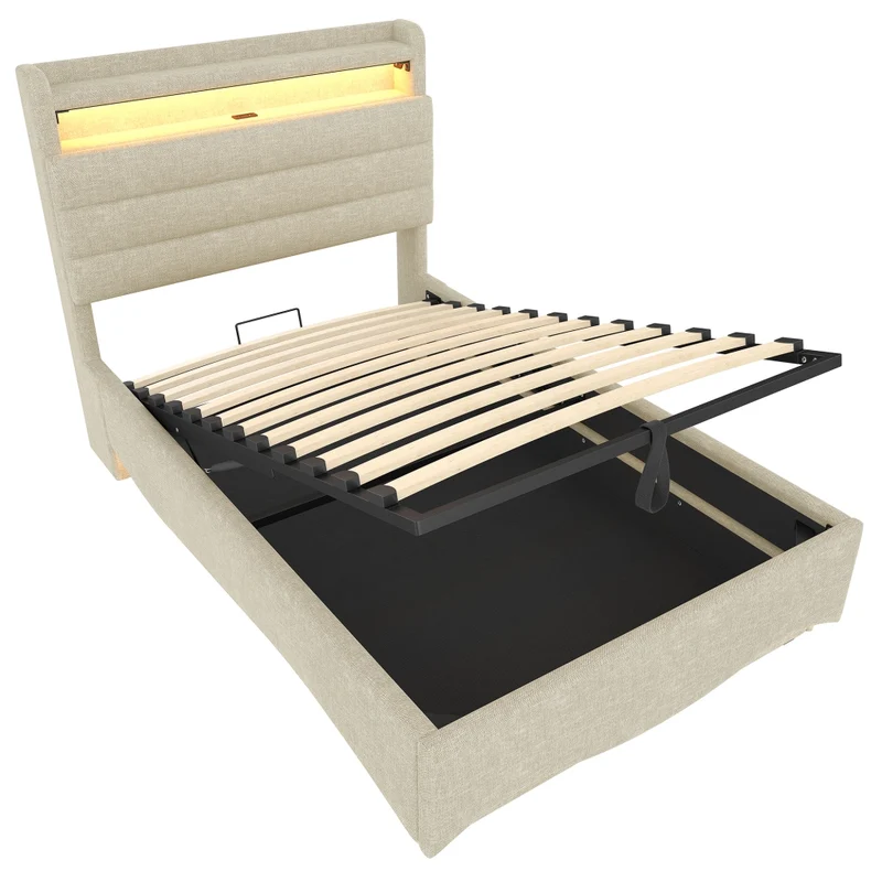 Letto imbottito 90x200 cm con contenitore idraulico; LED e prese USB/Tipo C; lino beige
