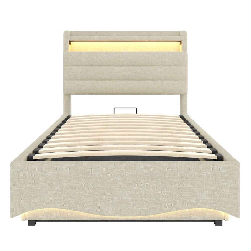 Letto imbottito 90x200 cm con contenitore idraulico; LED e prese USB/Tipo C; lino beige