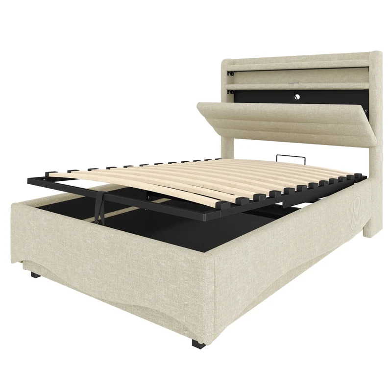 Letto imbottito 90x200 cm con contenitore idraulico; LED e prese USB/Tipo C; lino beige