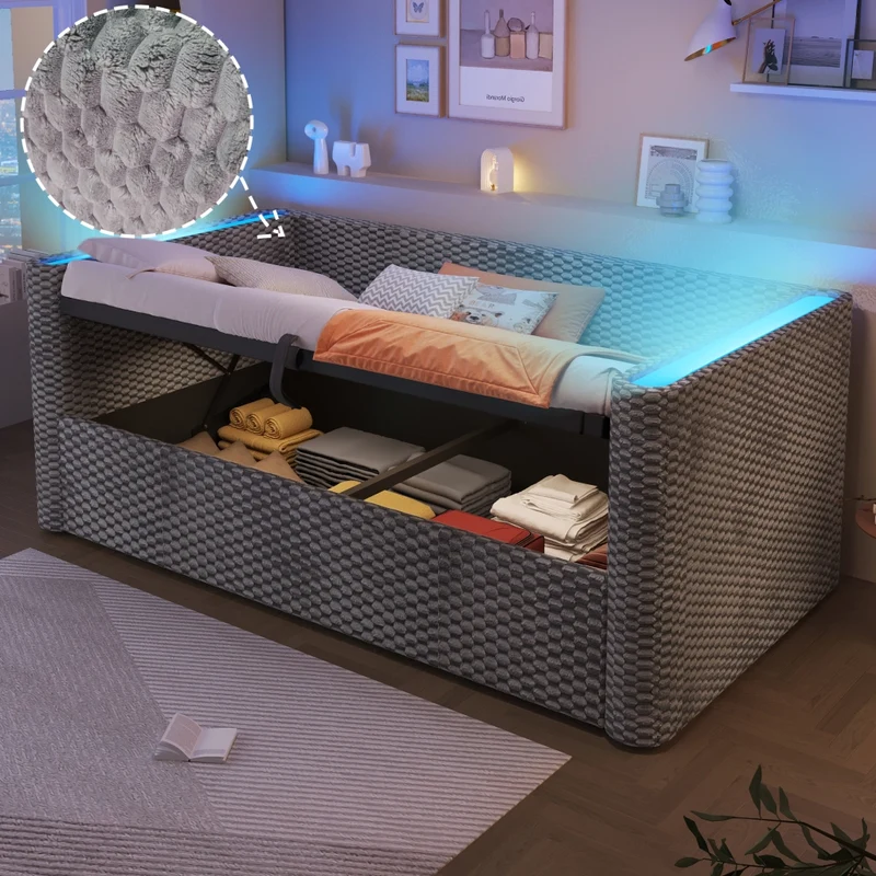 Letto singolo 90x200 cm in velluto grigio con contenitore idraulico e illuminazione LED