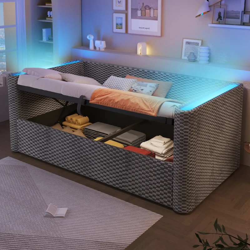 Letto singolo 90x200 cm in velluto grigio con contenitore idraulico e illuminazione LED