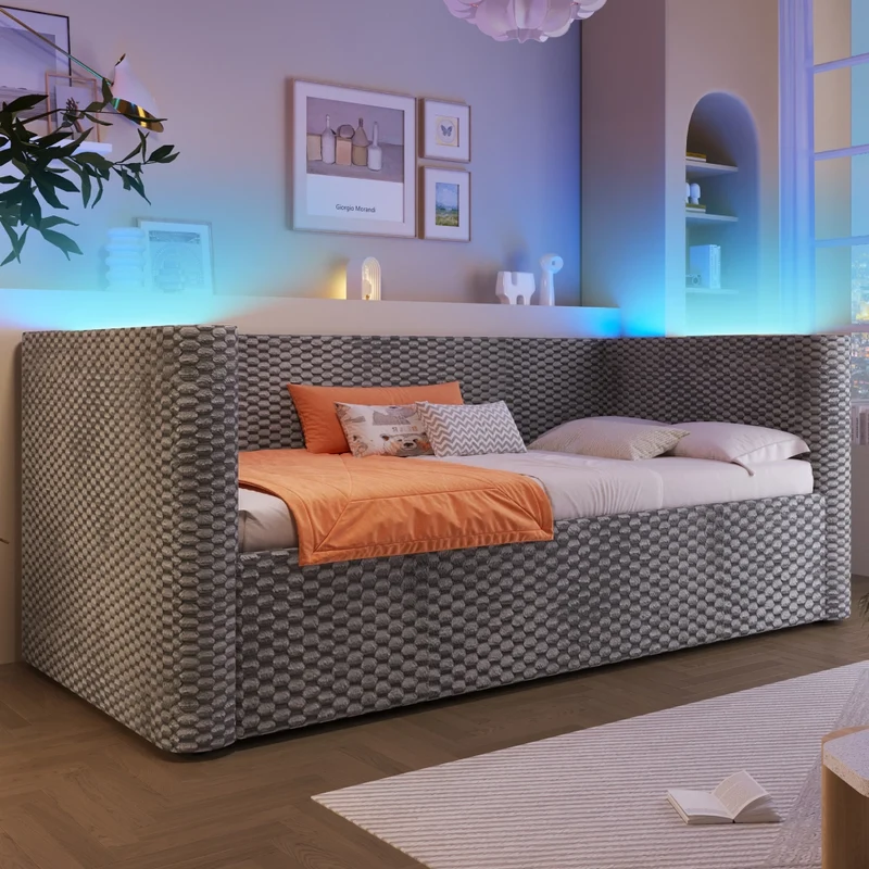 Letto singolo 90x200 cm in velluto grigio con contenitore idraulico e illuminazione LED