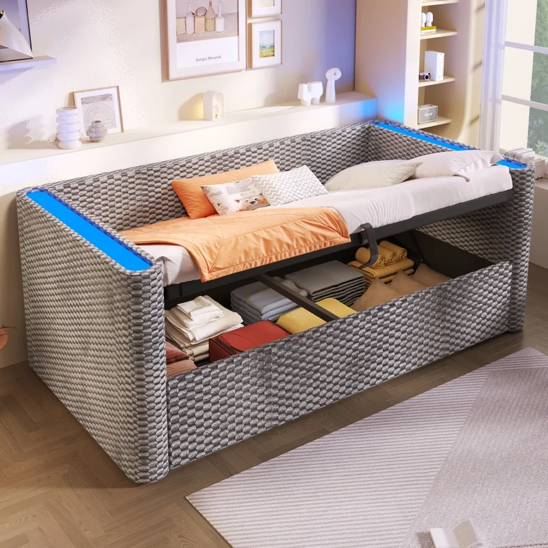 Letto singolo 90x200 cm in velluto grigio con contenitore idraulico e illuminazione LED