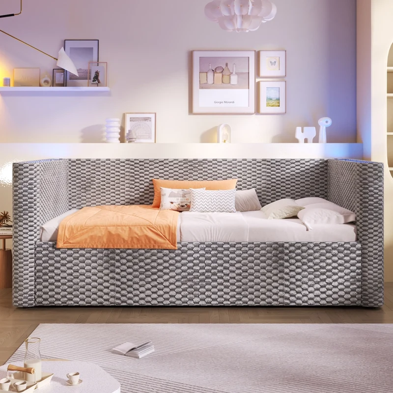 Letto singolo 90x200 cm in velluto grigio con contenitore idraulico e illuminazione LED