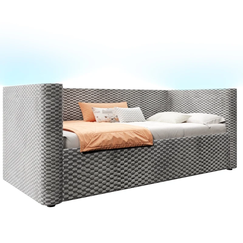 Letto singolo 90x200 cm in velluto grigio con contenitore idraulico e illuminazione LED