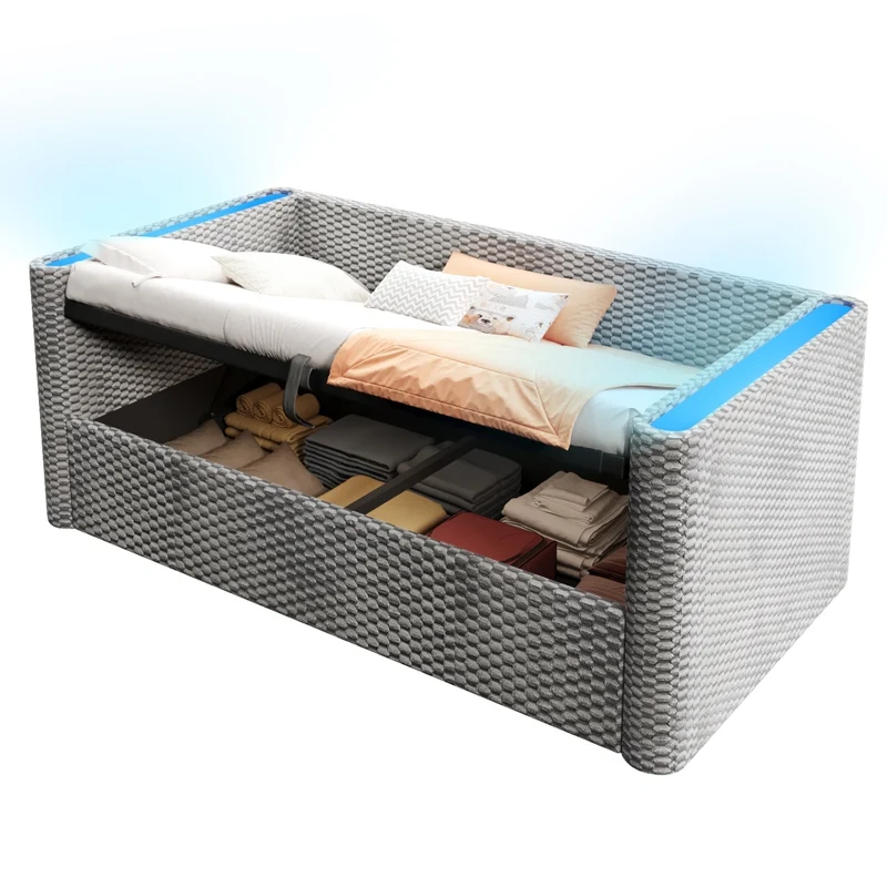 Letto singolo 90x200 cm in velluto grigio con contenitore idraulico e illuminazione LED