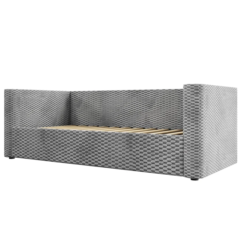 Letto singolo 90x200 cm in velluto grigio con contenitore idraulico e illuminazione LED