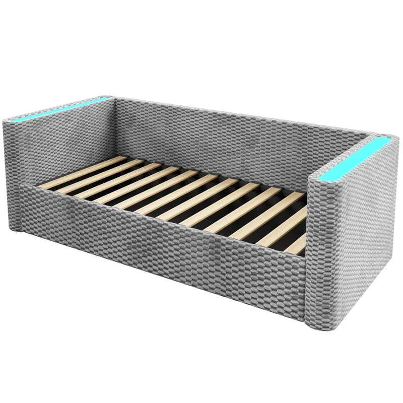 Letto singolo 90x200 cm in velluto grigio con contenitore idraulico e illuminazione LED