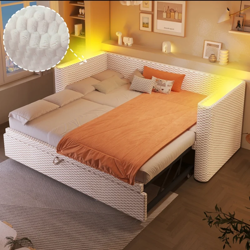 Divano letto multifunzione in velluto beige; letto estraibile 90x200 cm trasformabile in 180x200 cm