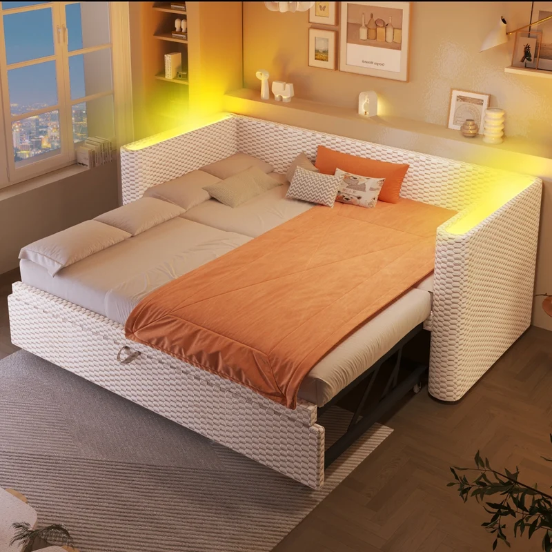 Divano letto multifunzione in velluto beige; letto estraibile 90x200 cm trasformabile in 180x200 cm