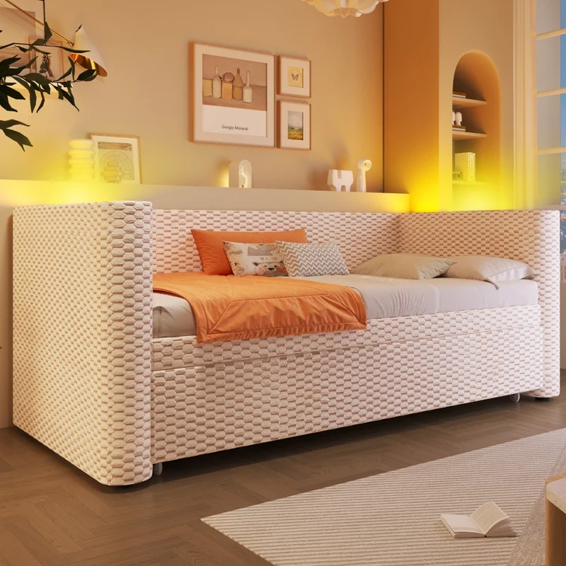 Divano letto multifunzione in velluto beige; letto estraibile 90x200 cm trasformabile in 180x200 cm