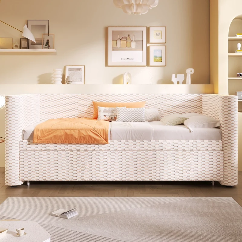 Divano letto multifunzione in velluto beige; letto estraibile 90x200 cm trasformabile in 180x200 cm