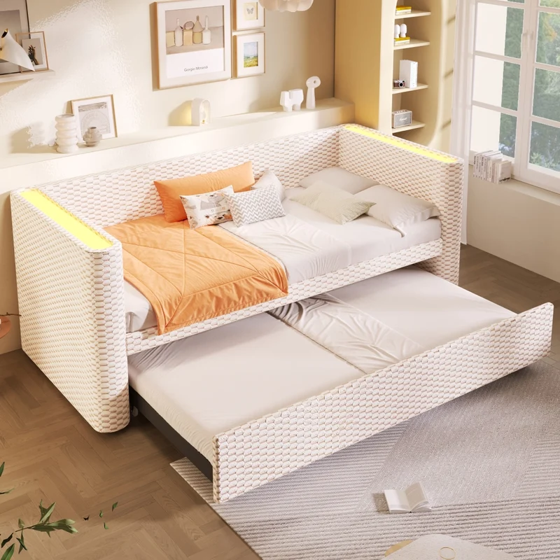 Divano letto multifunzione in velluto beige; letto estraibile 90x200 cm trasformabile in 180x200 cm