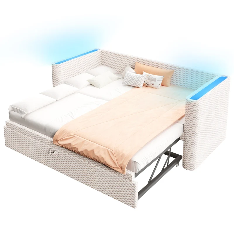 Divano letto multifunzione in velluto beige; letto estraibile 90x200 cm trasformabile in 180x200 cm