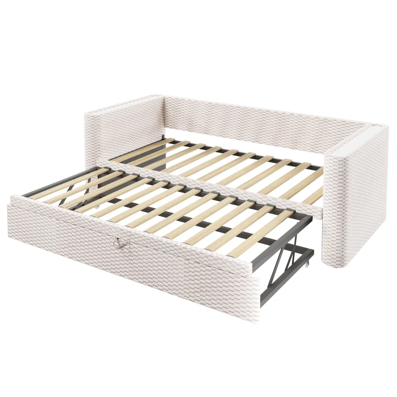 Divano letto multifunzione in velluto beige; letto estraibile 90x200 cm trasformabile in 180x200 cm