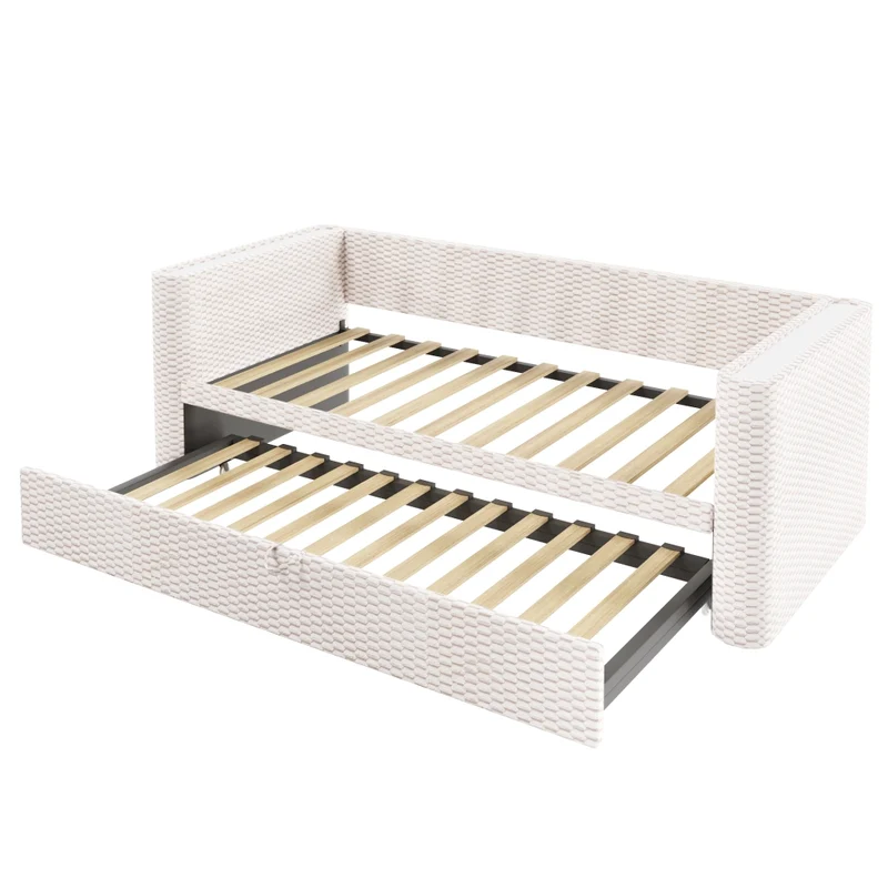 Divano letto multifunzione in velluto beige; letto estraibile 90x200 cm trasformabile in 180x200 cm