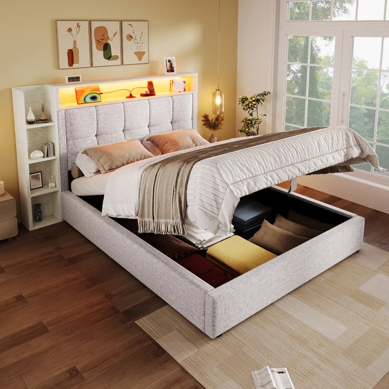Letto imbottito 90x200 cm con contenitore idraulico; LED e ricarica USB-C; beige