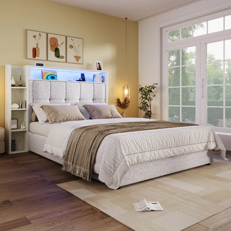 Letto imbottito 90x200 cm con contenitore idraulico; LED e ricarica USB-C; beige