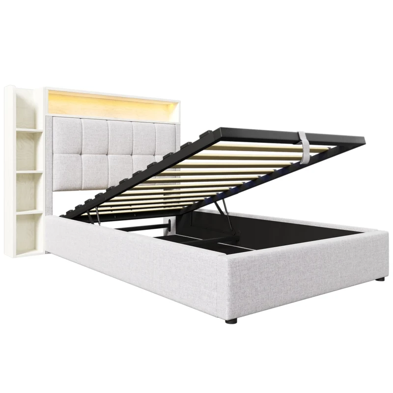 Letto imbottito 90x200 cm con contenitore idraulico; LED e ricarica USB-C; beige