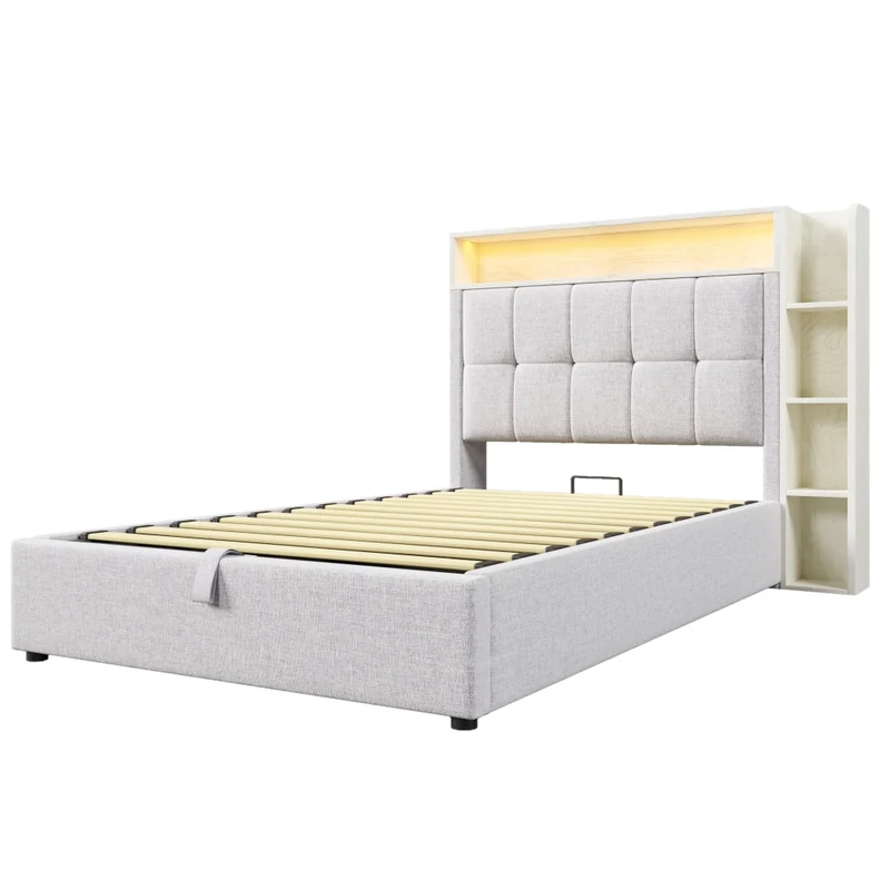 Letto imbottito 90x200 cm con contenitore idraulico; LED e ricarica USB-C; beige