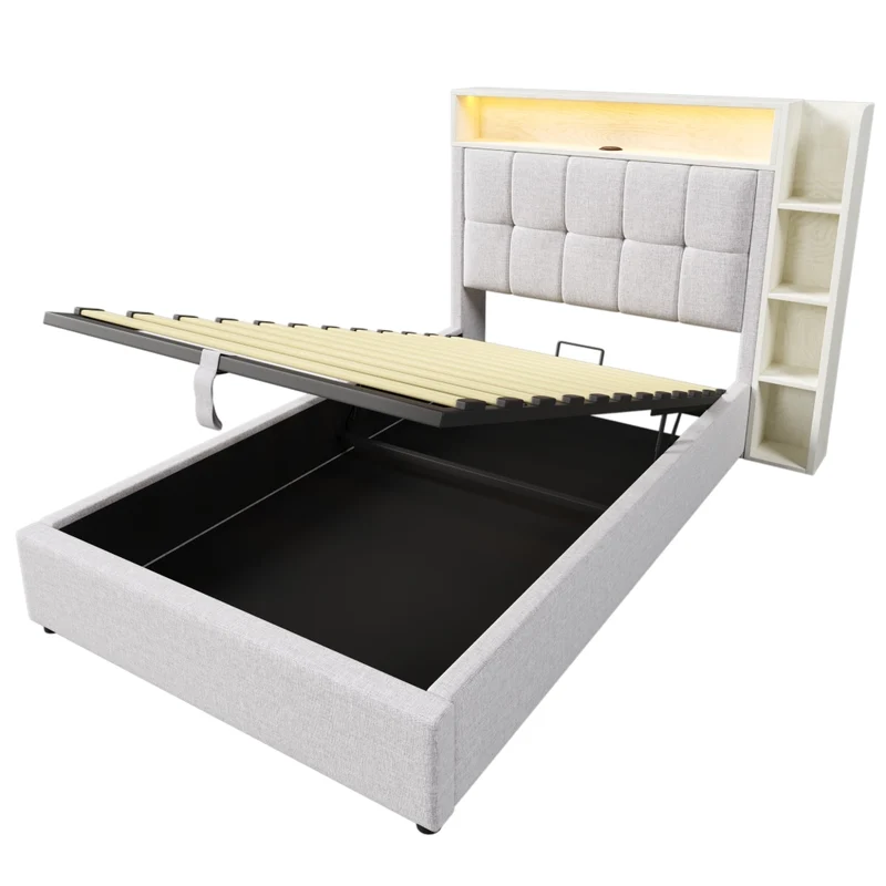 Letto imbottito 90x200 cm con contenitore idraulico; LED e ricarica USB-C; beige