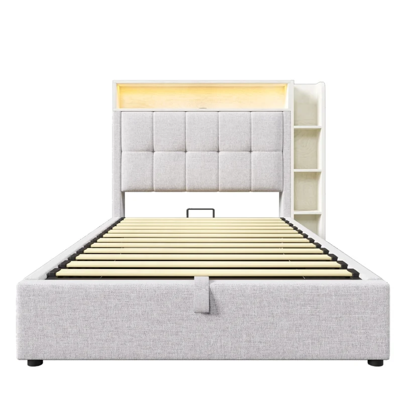 Letto imbottito 90x200 cm con contenitore idraulico; LED e ricarica USB-C; beige